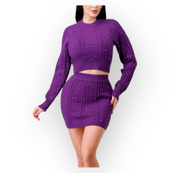 Purple Pearl Sweater Cable Knit Skirt Set - Picture 3 of 10